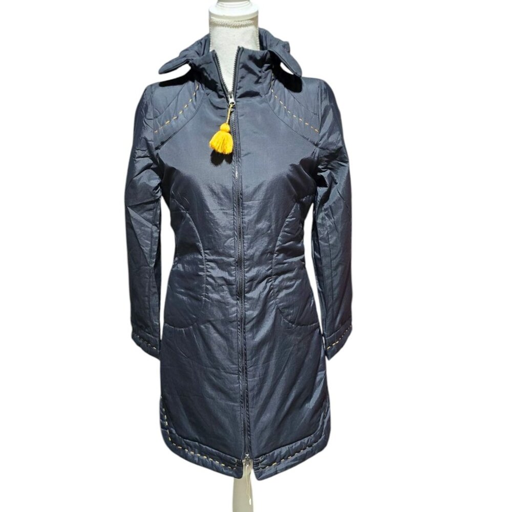 Vtg Cop Copine Womens Sz M Long Coat Quilted Stitching Tassel Accent Full Zip Up